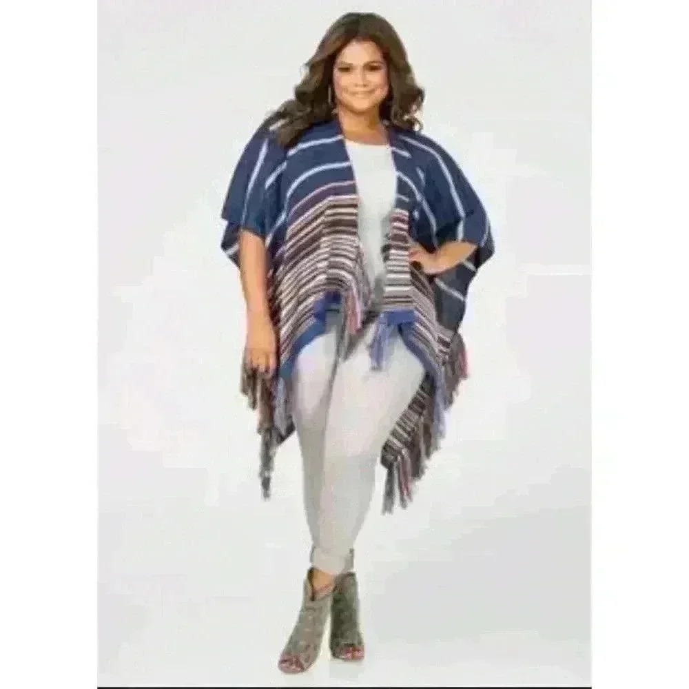 Ashley Stewart Womens Poncho Cape One Size Boho Striped Multicolor - Picture 11 of 11